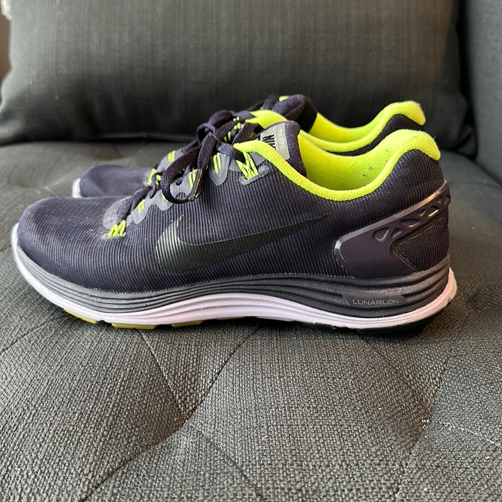 Nike Lunarglide 5, size 7.5, reflective purple cheetah print, neon yellow